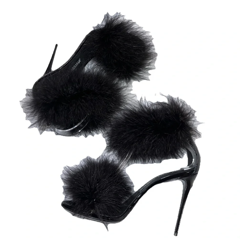 DOLCE & GABBANA Keira sandal heel black feather EU 37 105mm leather cocktail new - Picture 7 of 10
